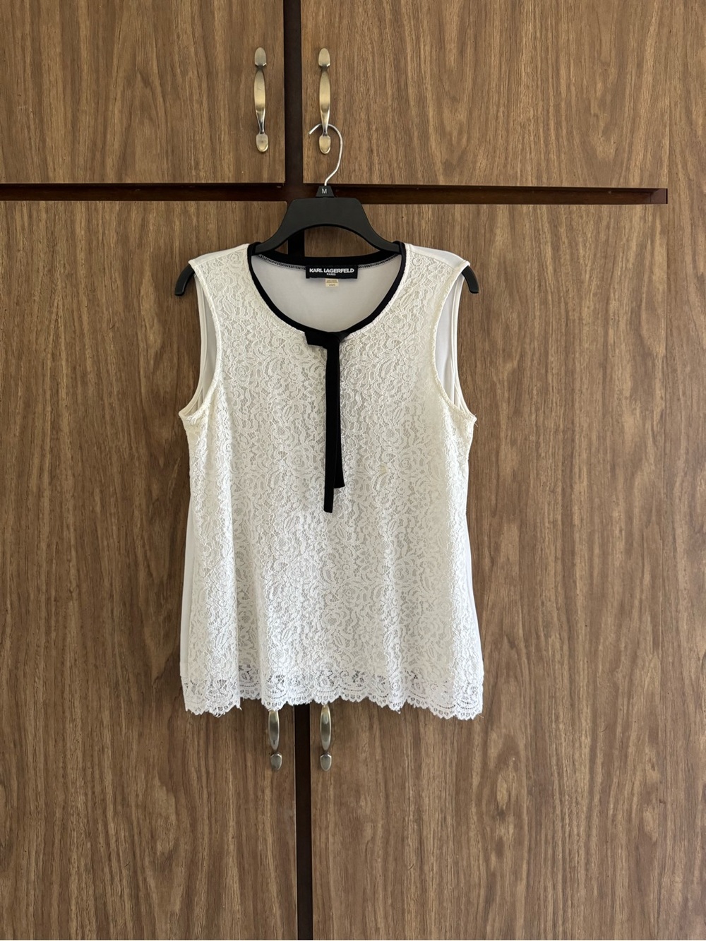 Karl Lagerfeld Paris White Blouse With Lace Overlay And Black Trim Ribbon Tie